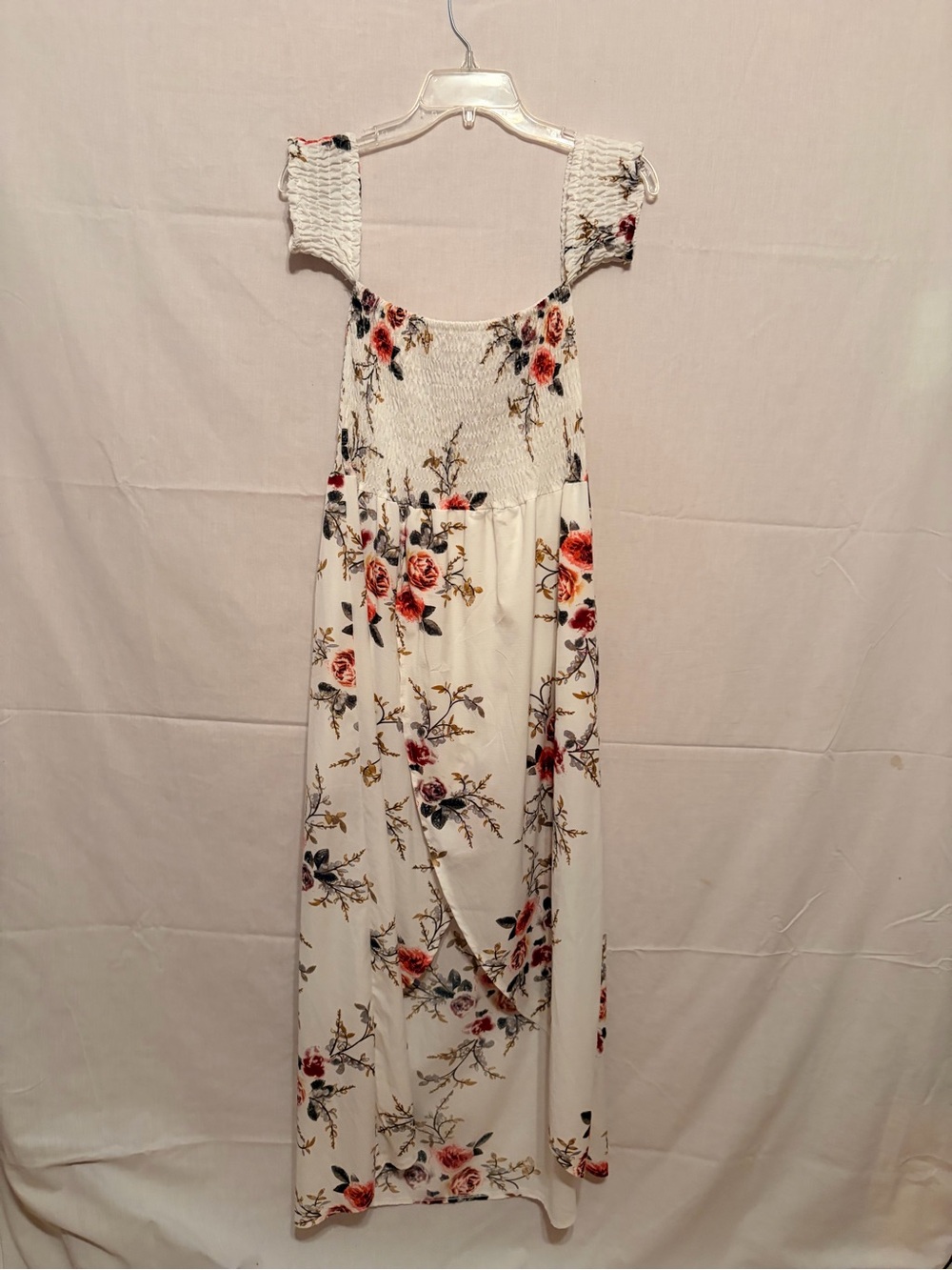 White floral off-the-shoulder split chiffon maxi beach dress,